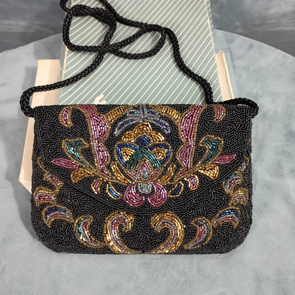 Lillian Vernon Vintage Beaded Evening Bag Black Floral Crossbody Clutch LV6751